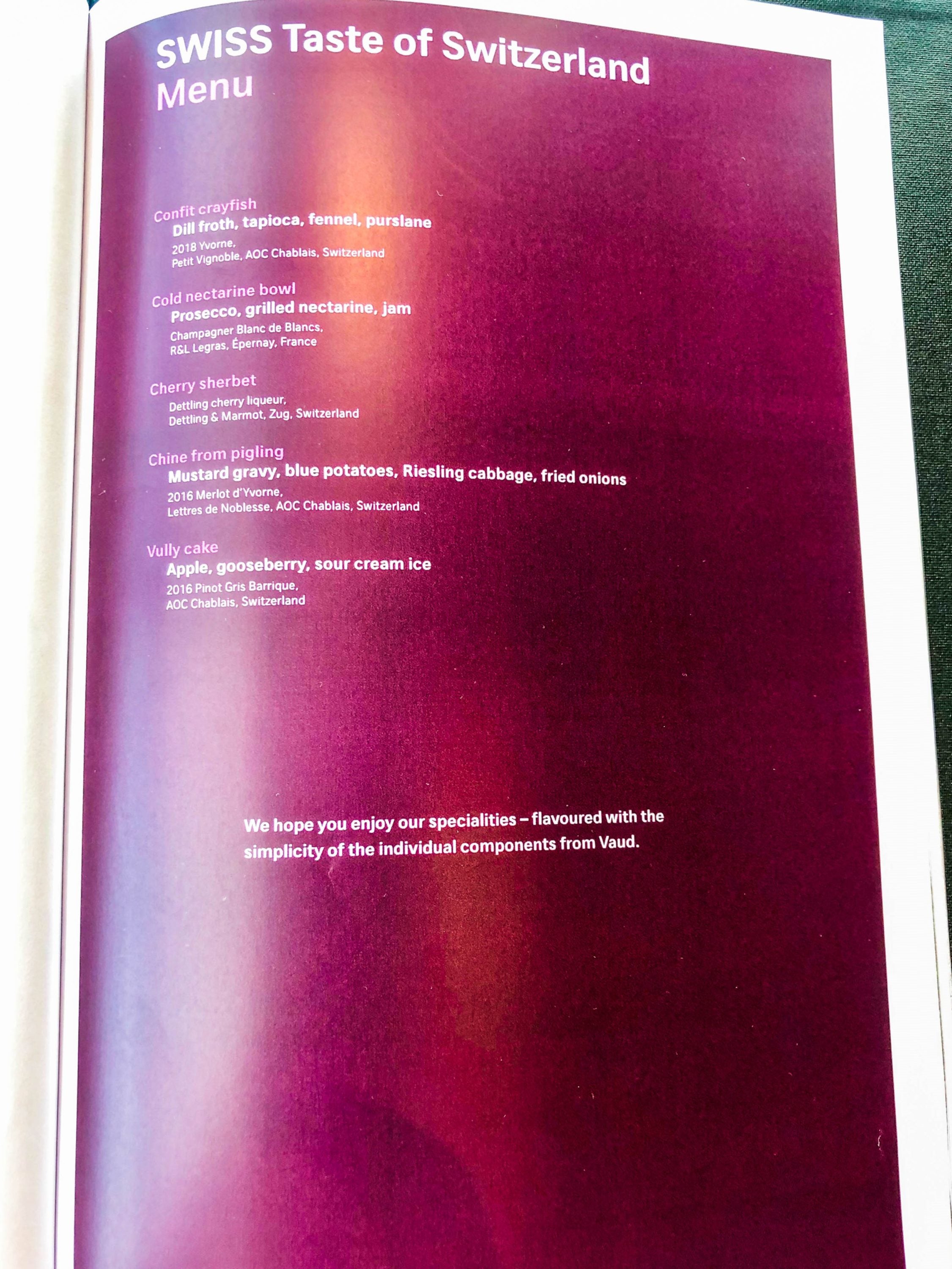 SWISS Air First Class Lounge Special menu SWISS Air First Class Lounge Special menu
