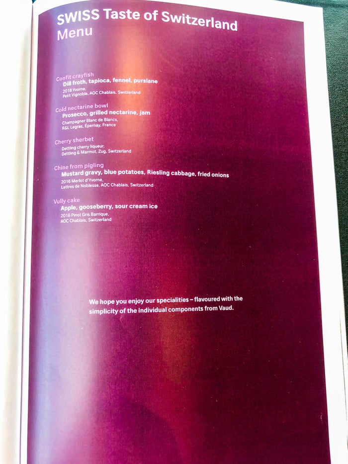 SWISS Air First Class Lounge Special menu SWISS First Class Lounge Special menu