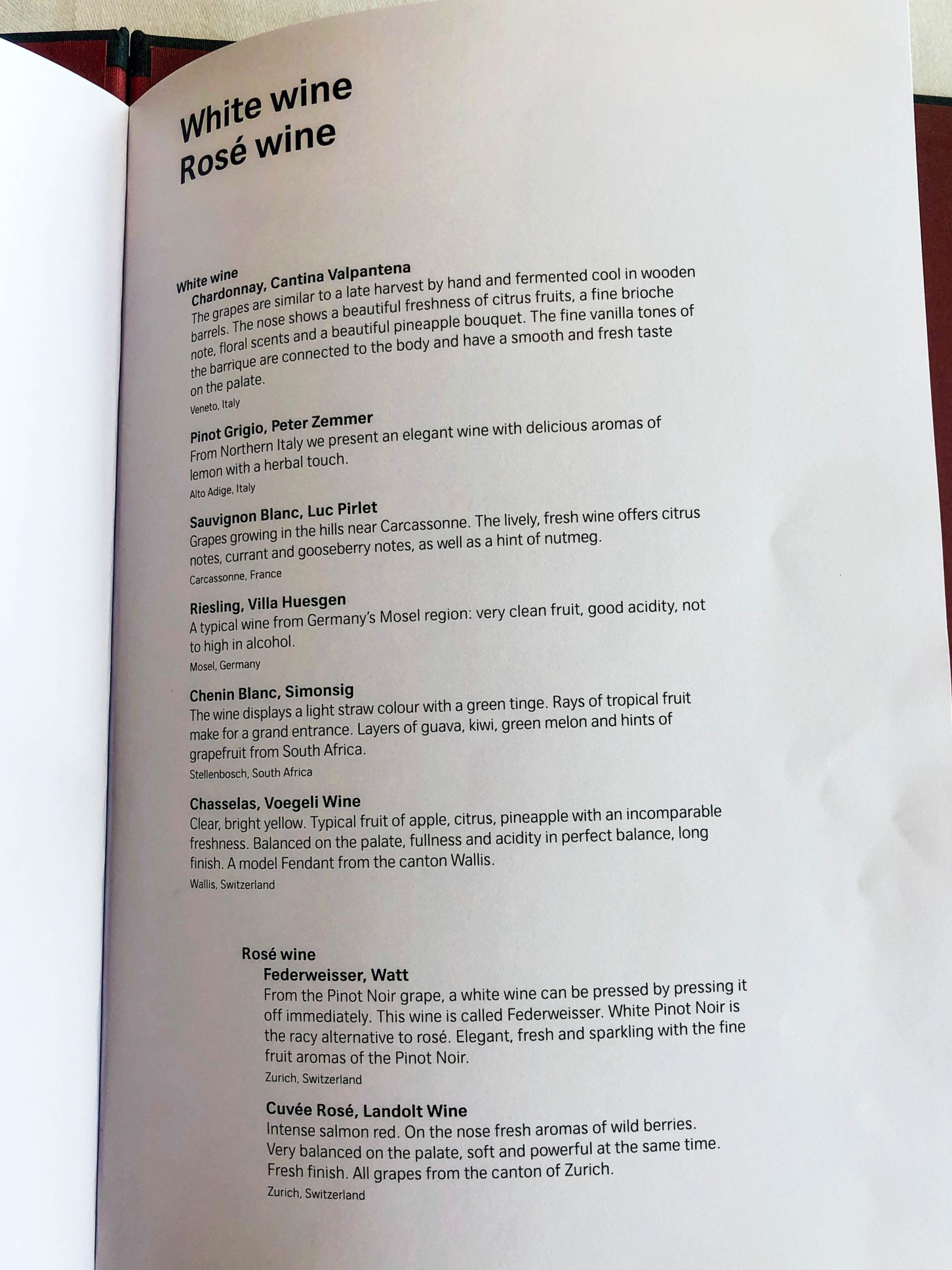 SWISS Air First Class Lounge White wine and Rose wine list SWISS Air First Class Lounge White wine and Rose wine list