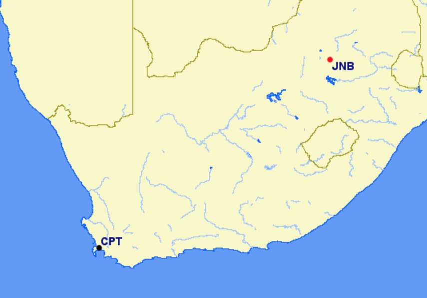 South African Airways hubs and focus cities