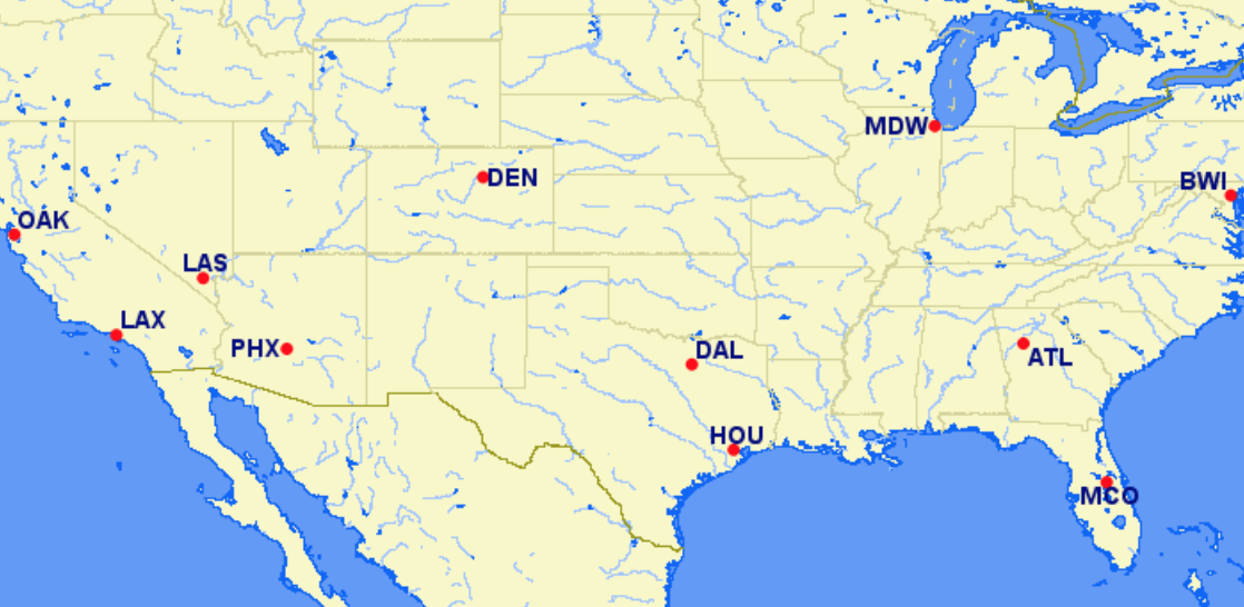 Southwest Airlines hubs and focus cities