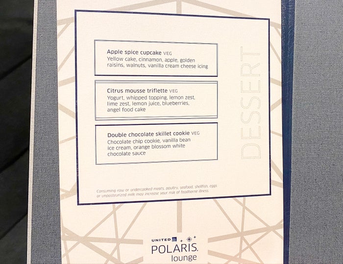 United Polaris Lounge ORD Dessert Menu