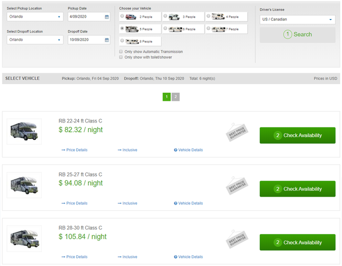 Camper Travel Bookings search