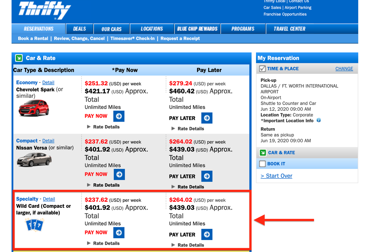 Thrifty Specialty Pricing Opaque Booking