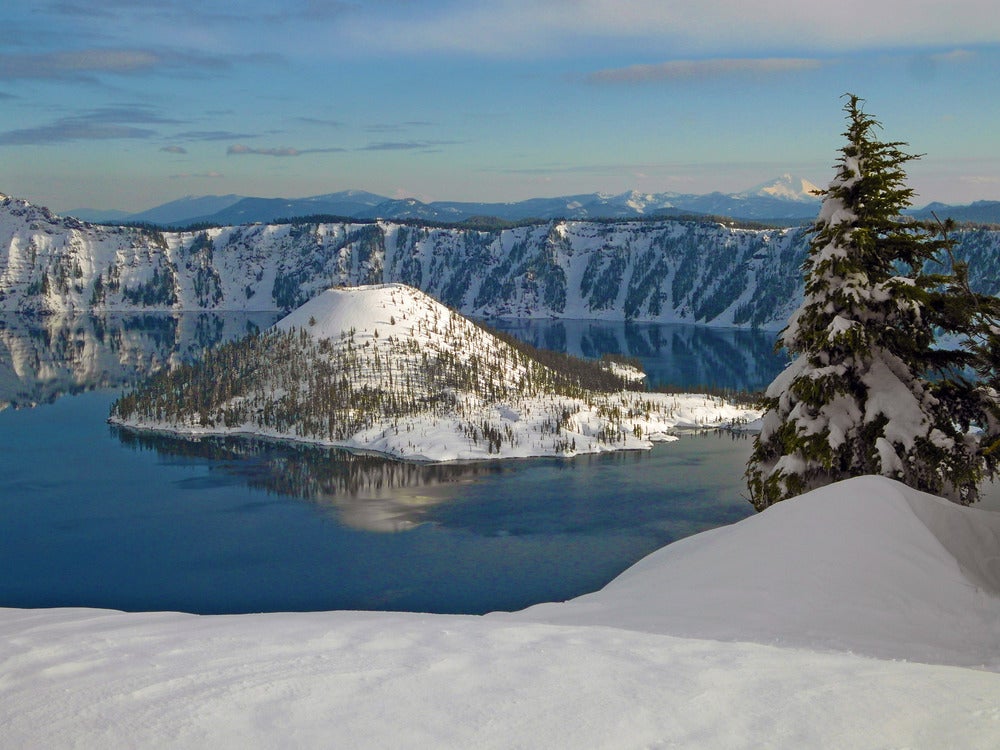 Wizard Island in Crater Lake in Winter