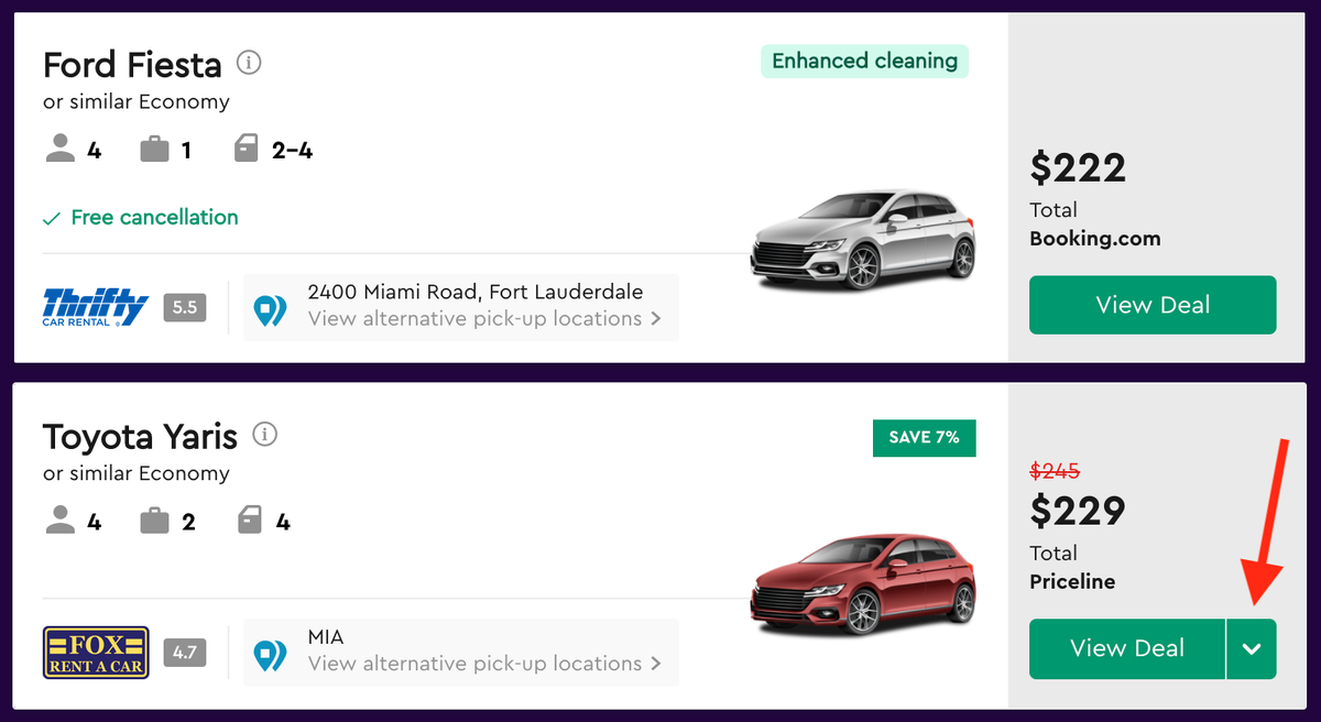 Car rental options on Momondo