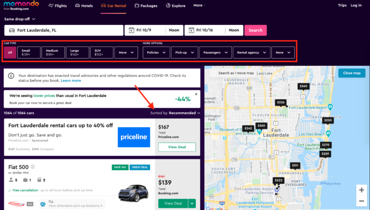 Car rental search results on Momondo Car rental search results on Momondo