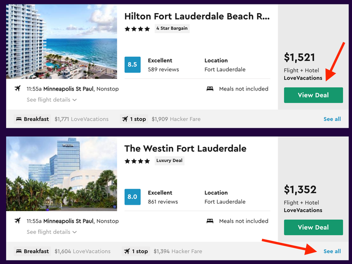Momondo Vacation Packages search results