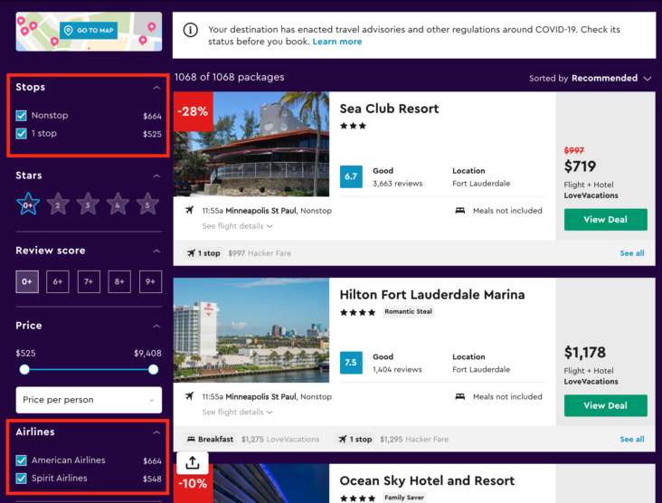 Momondo Vacation Packages sort and filter Momondo Vacation Packages sort and filter