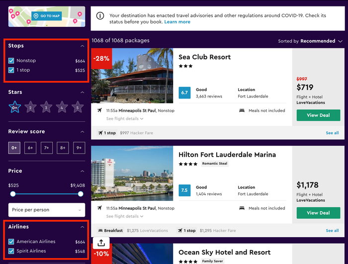 Momondo Vacation Packages sort and filter