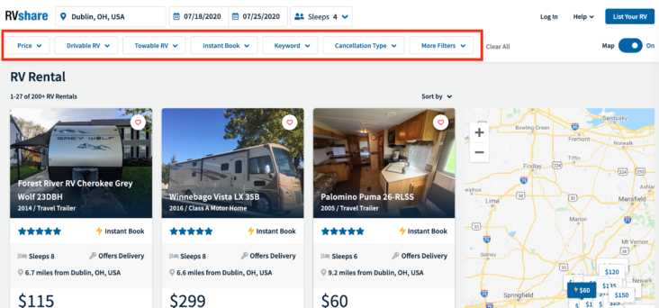 RVshare filtering options RVshare filtering options