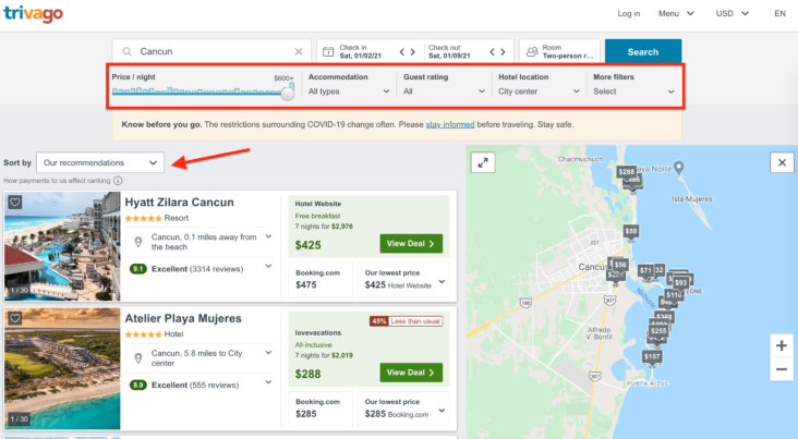 Trivago search results with map Trivago search results with map
