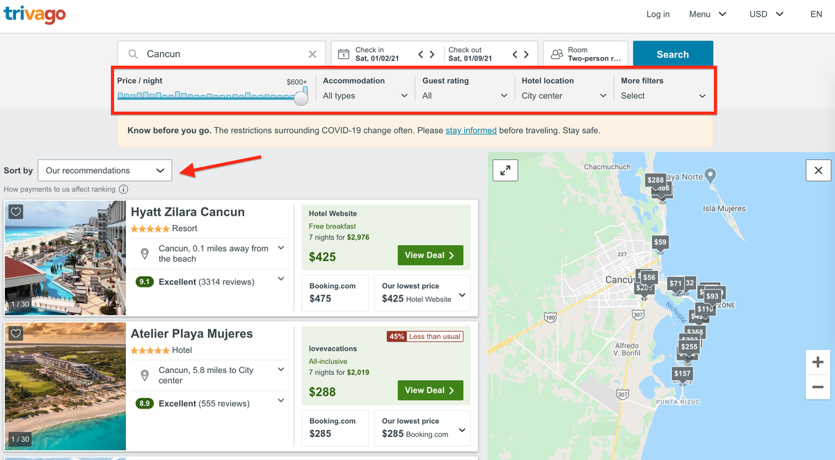 Trivago search results with map