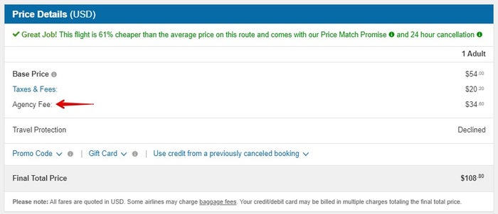 CheapOair flight agency fee
