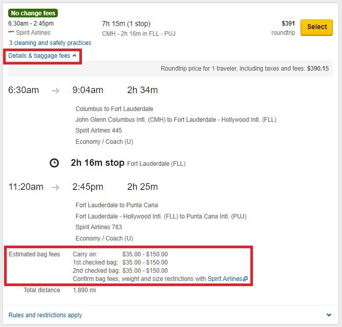Expedia bag fees