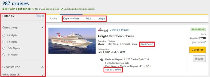 Expedia cruise filter