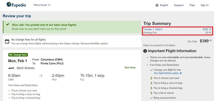 Expedia flight total