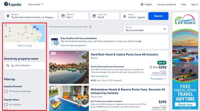 Expedia hotel search filter left bar