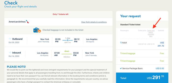 Fees on flights purchased through Vayama