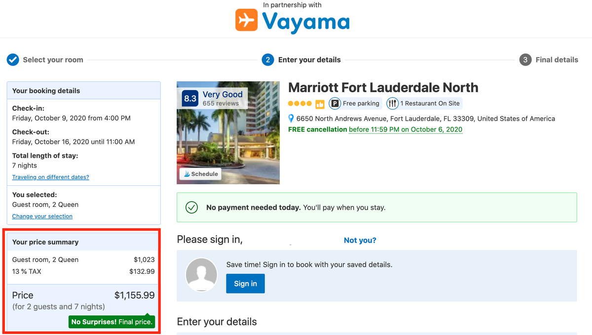 How to book a hotel through Vayama final price