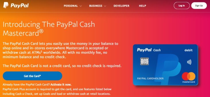 Úvodní stránka karty PayPal Cash