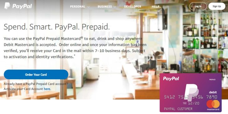 Úvodní stránka předplacené karty PayPal