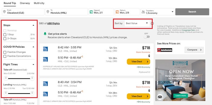 TripAdvisor Flight search sort filter