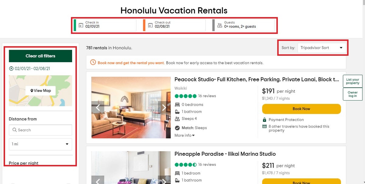 TripAdvisor Vacation Rentals search