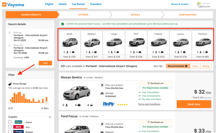 Vayama Cars filtering and sorting Vayama Cars filtering and sorting