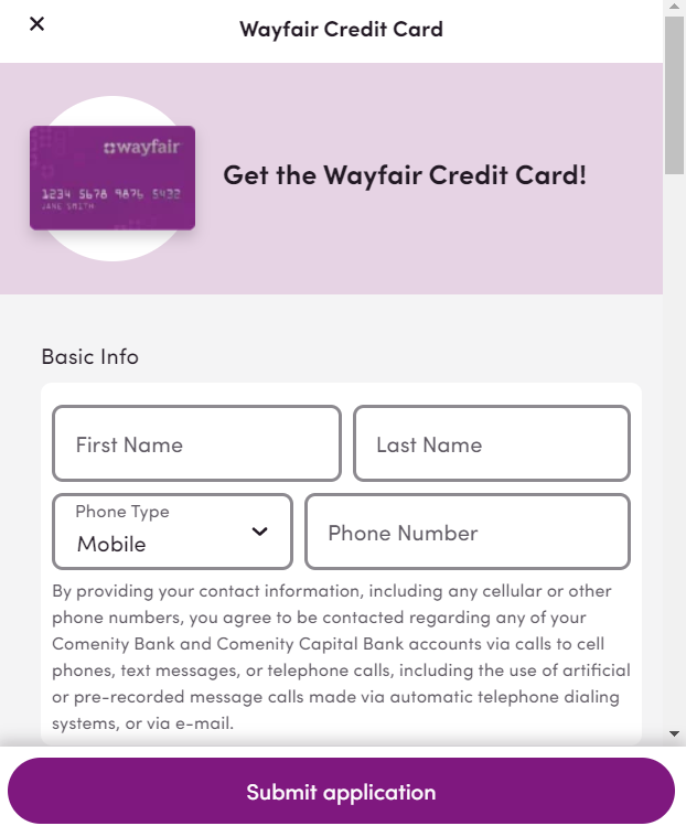 Wayfair Credit Card Application