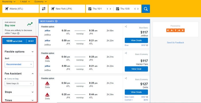 Booking.com flight search results