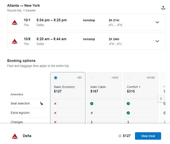 Booking.com flight view deal