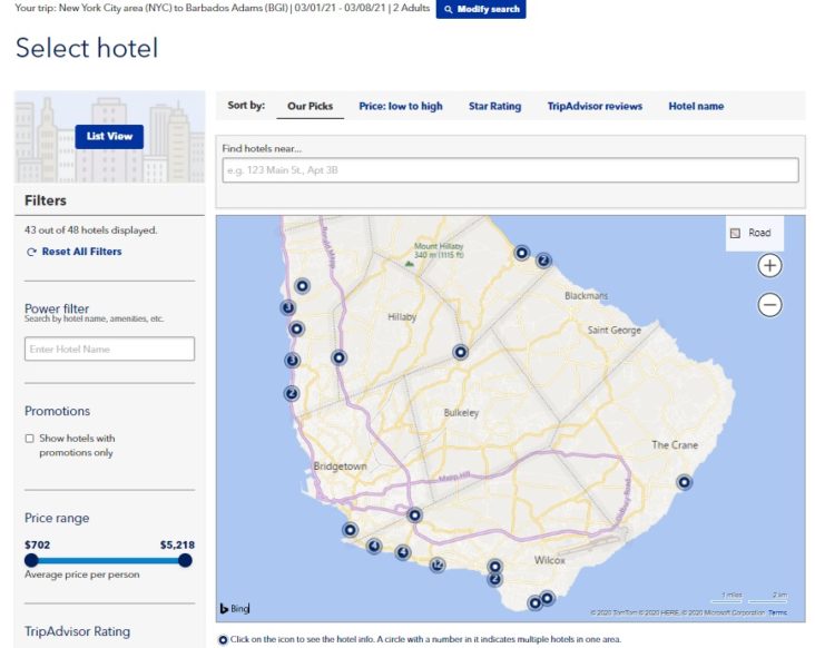 JetBlue Vacations Search Results map view