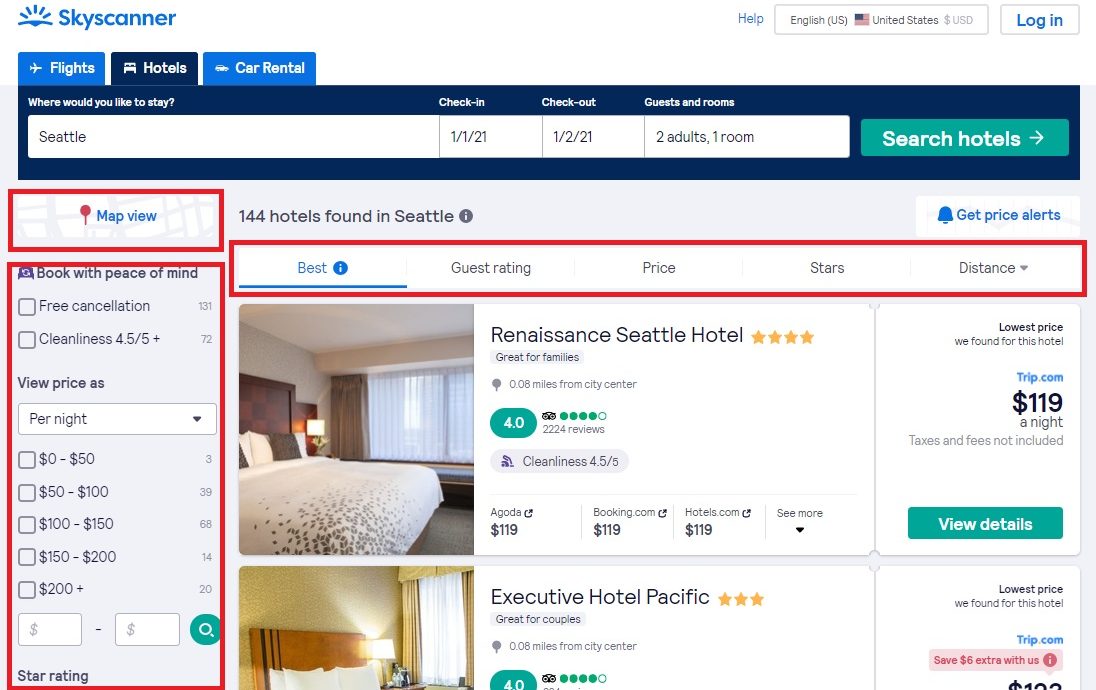 Skyscanner hotels search