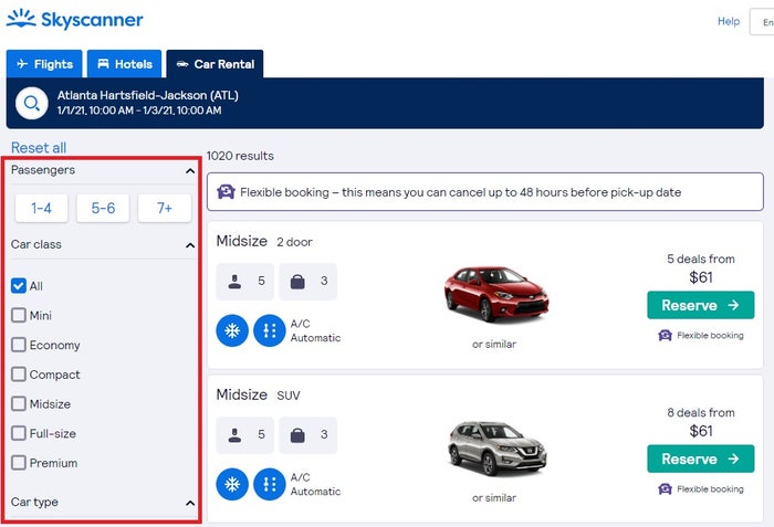 Skyscanner rental car search
