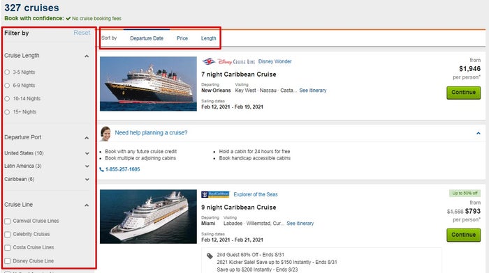 Travelocity cruise filter sort
