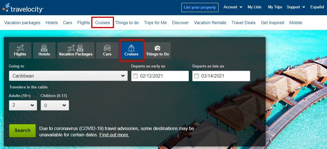 Travelocity cruise search options