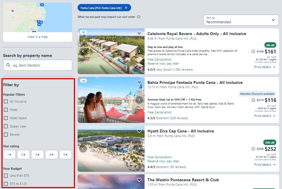 Travelocity hotel search filter