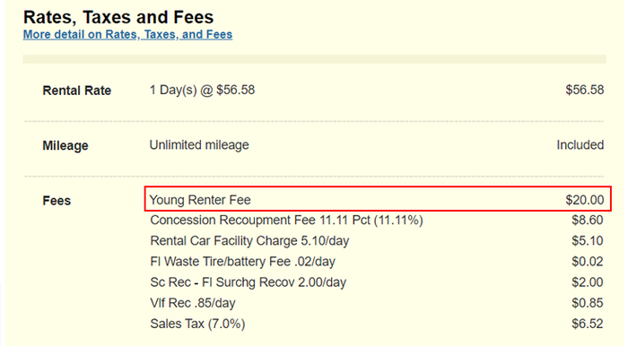 Alamo Young Renter Fee