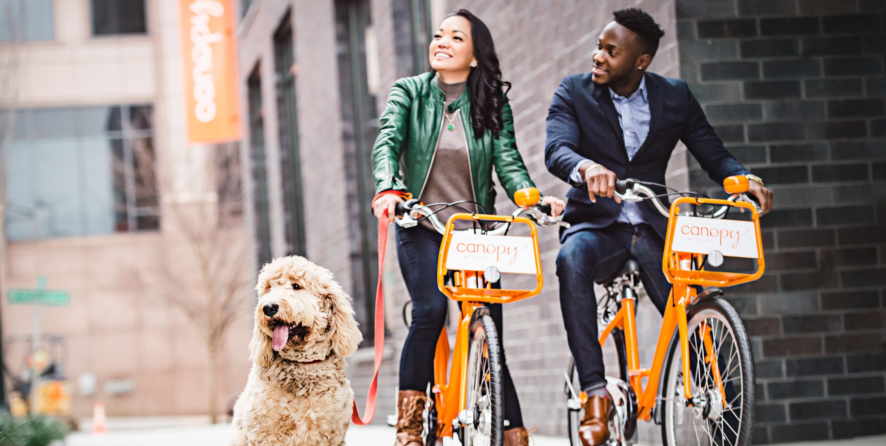 Couple Riding Bikes with Dog at Canopy Pet Friendly Hotels