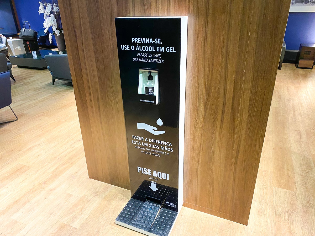 Hand sanitizer station in the American Express Lounge GRU Guarulhos International Airport