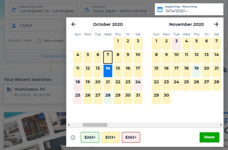 Priceline Flights price calendar