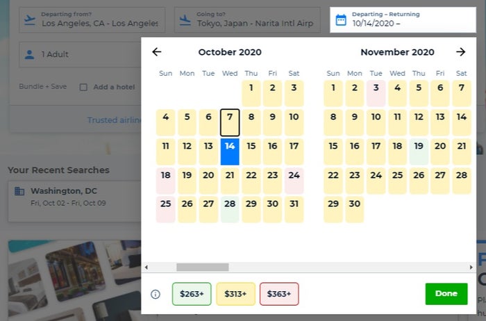 Priceline Flights price calendar