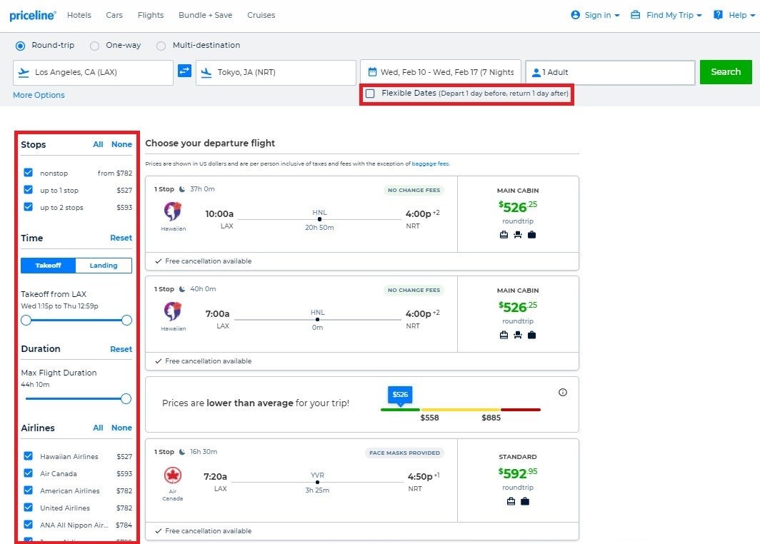 Priceline one way store flights