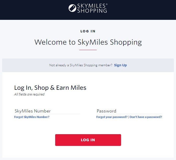SkyMiles Shopping login detail
