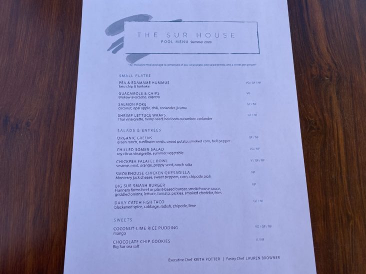 Ventana Big Sur an Alila Resort sun deck poolside dining menu Ventana Big Sur an Alila Resort sun deck poolside dining menu