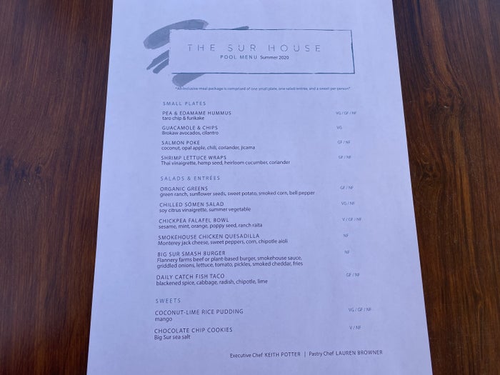 Ventana Big Sur an Alila Resort sun deck poolside dining menu