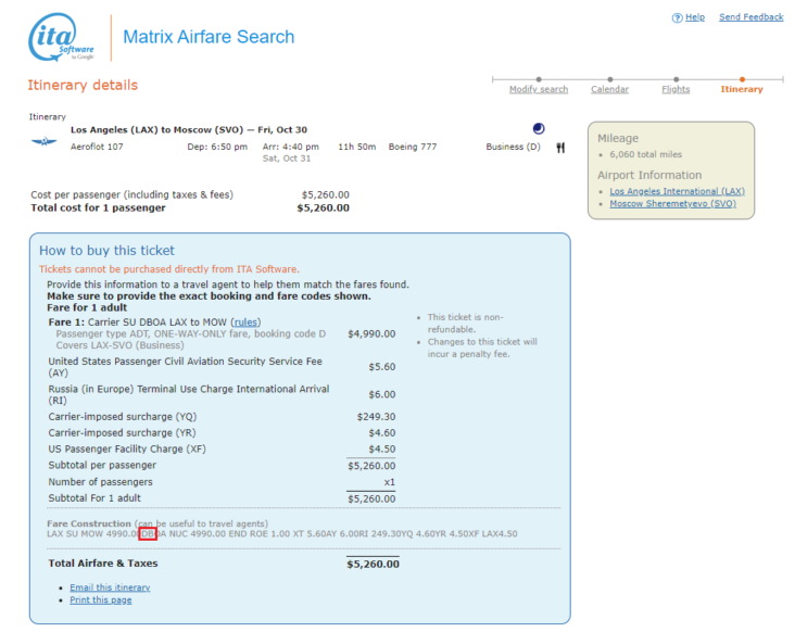 Aeroflot Google ITA Matrix flight Aeroflot Google ITA Matrix flight