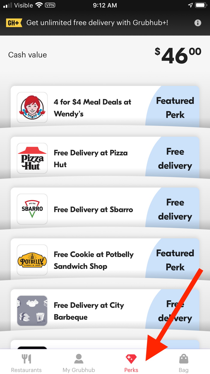 Grubhub Perks on mobile app
