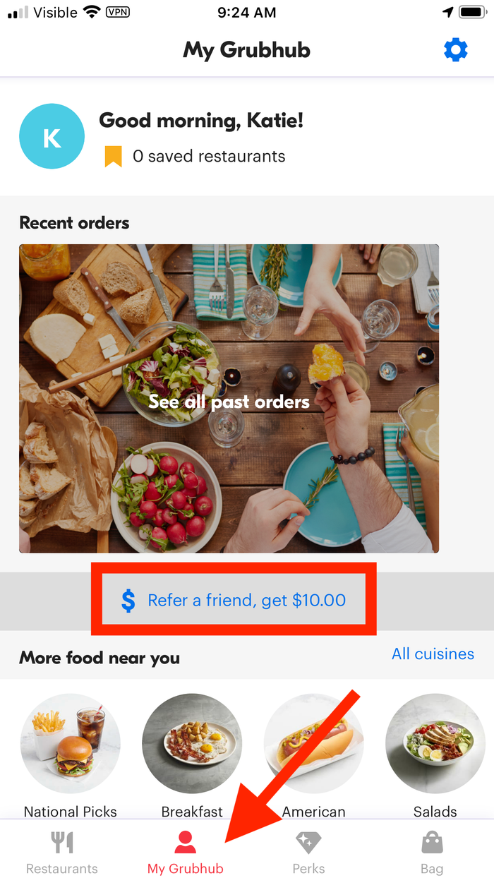 Grubhub Refer a Friend mobile app